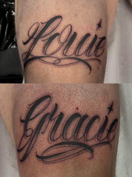 Custom script lettering tattoo by Joe ate black bones custom tattoos Warrington featuring bold black cursive lettering and flourishes 