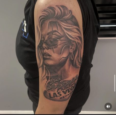 Black and grey Chicano vegas usa half sleeve tattoo by black bones custom tattoos in Warrington 