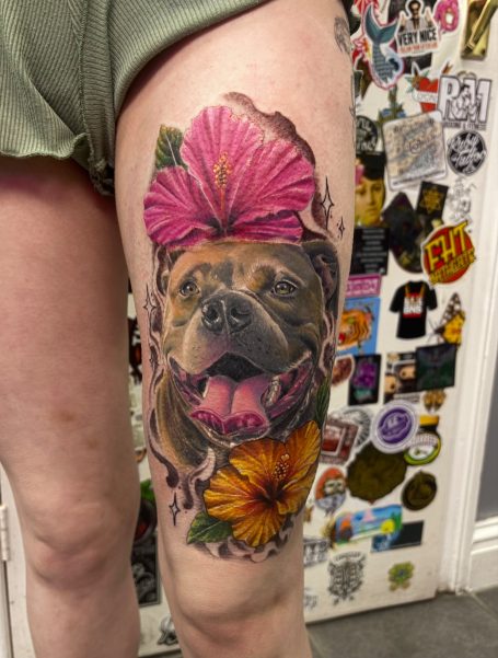 Realistic colour portrait of dog . Colour realism tattoo . Colour portrait tattoo . Warrington 